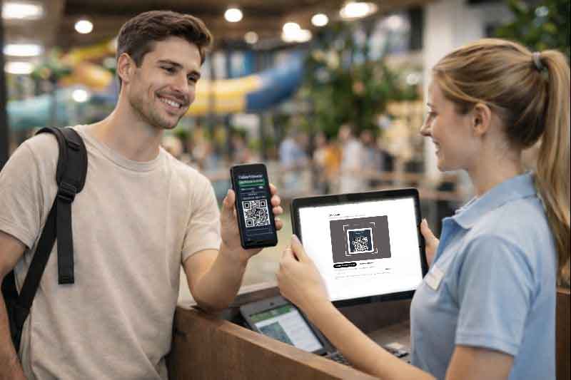 GleiNei Ticketsoftware: Gast checkt per QR ein, Mitarbeiter scannt am Tablet